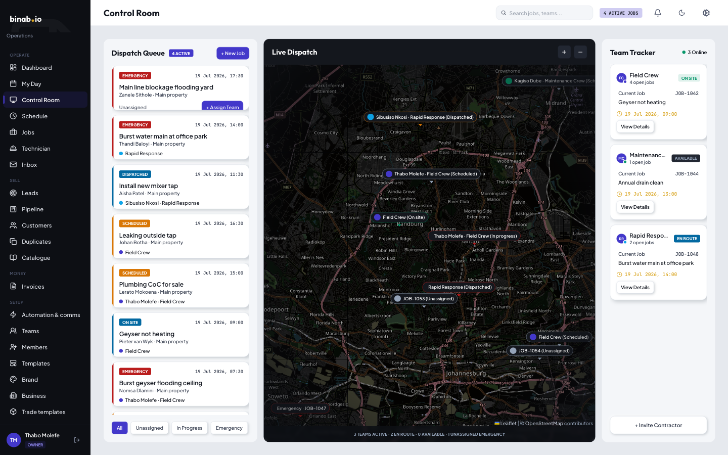 The control room: a dispatch queue of live emergencies beside a Johannesburg map with technicians positioned on it, and a team tracker