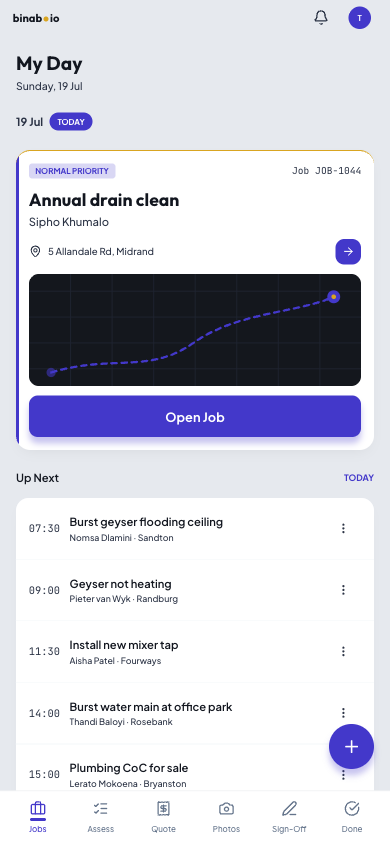 The technician app on a phone: today's job with a route and an open-job button, plus the up-next queue and a jobs, assess, quote, photos, sign-off and done bar