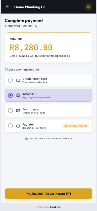 The customer portal on a phone: total due in gold with card, instant EFT and scan to pay, powered by binab.io